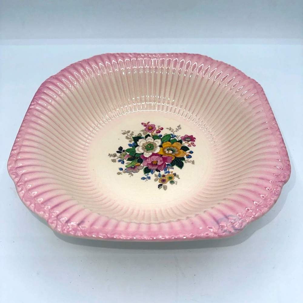Antique Square Crown Ivory Floral Bowl 8.5” Marked 7 32